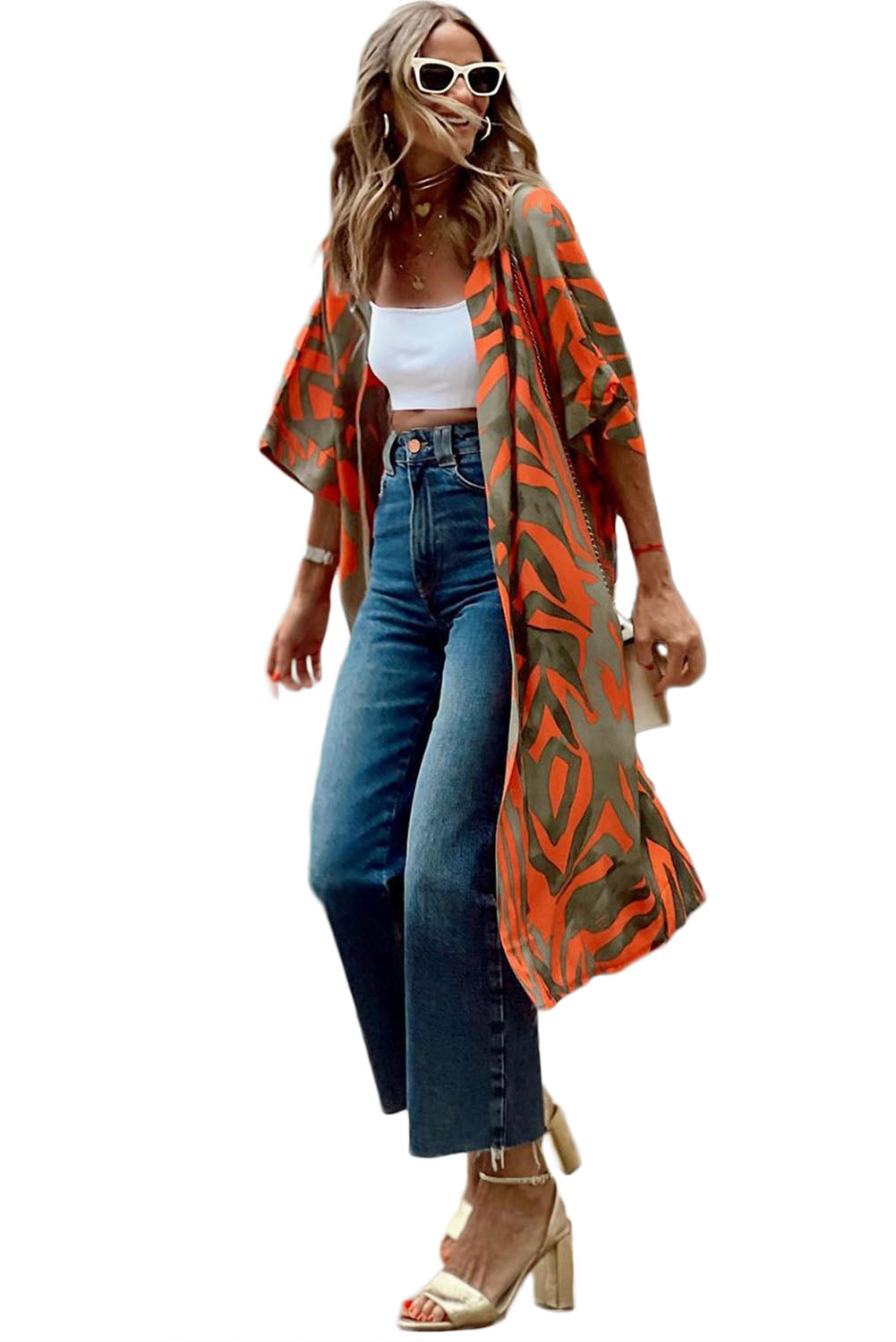 Multicolor Abstract Print Half Sleeves Kimono
