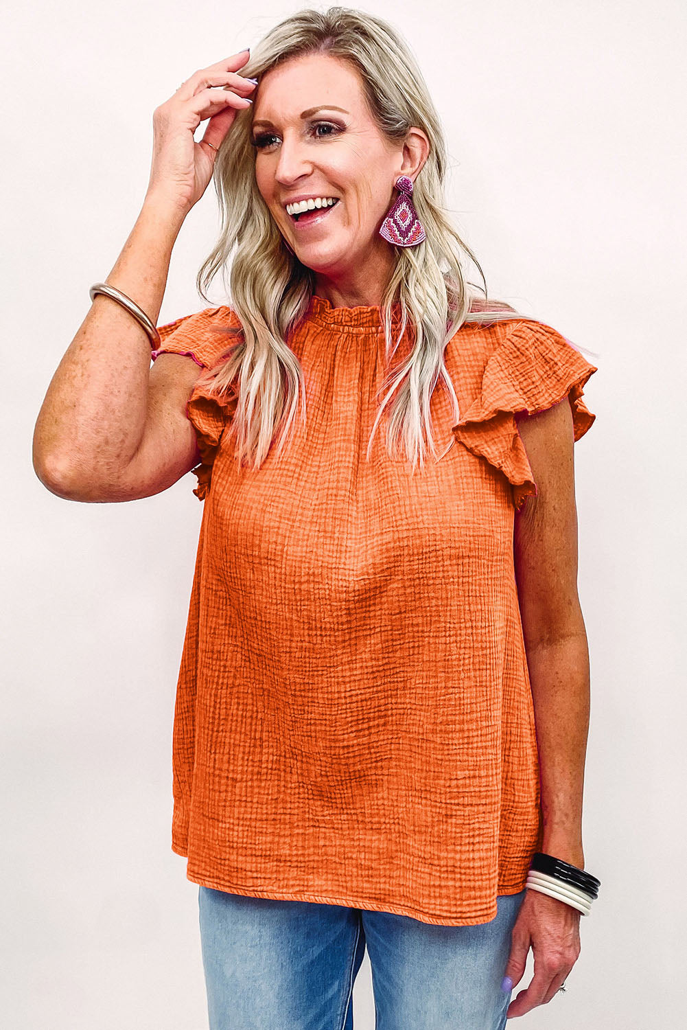 Flutter Sleeve Frilled Neck Textured Blouse
