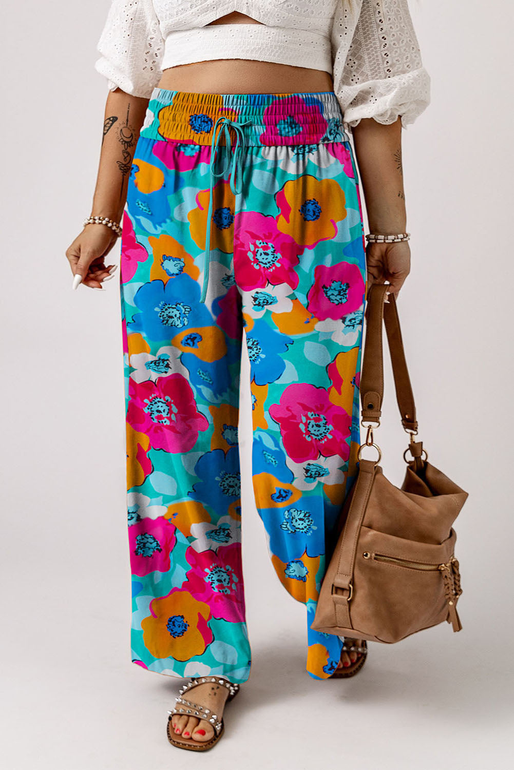 Brown Drawstring Elastic Waist Casual Wide Leg Pants