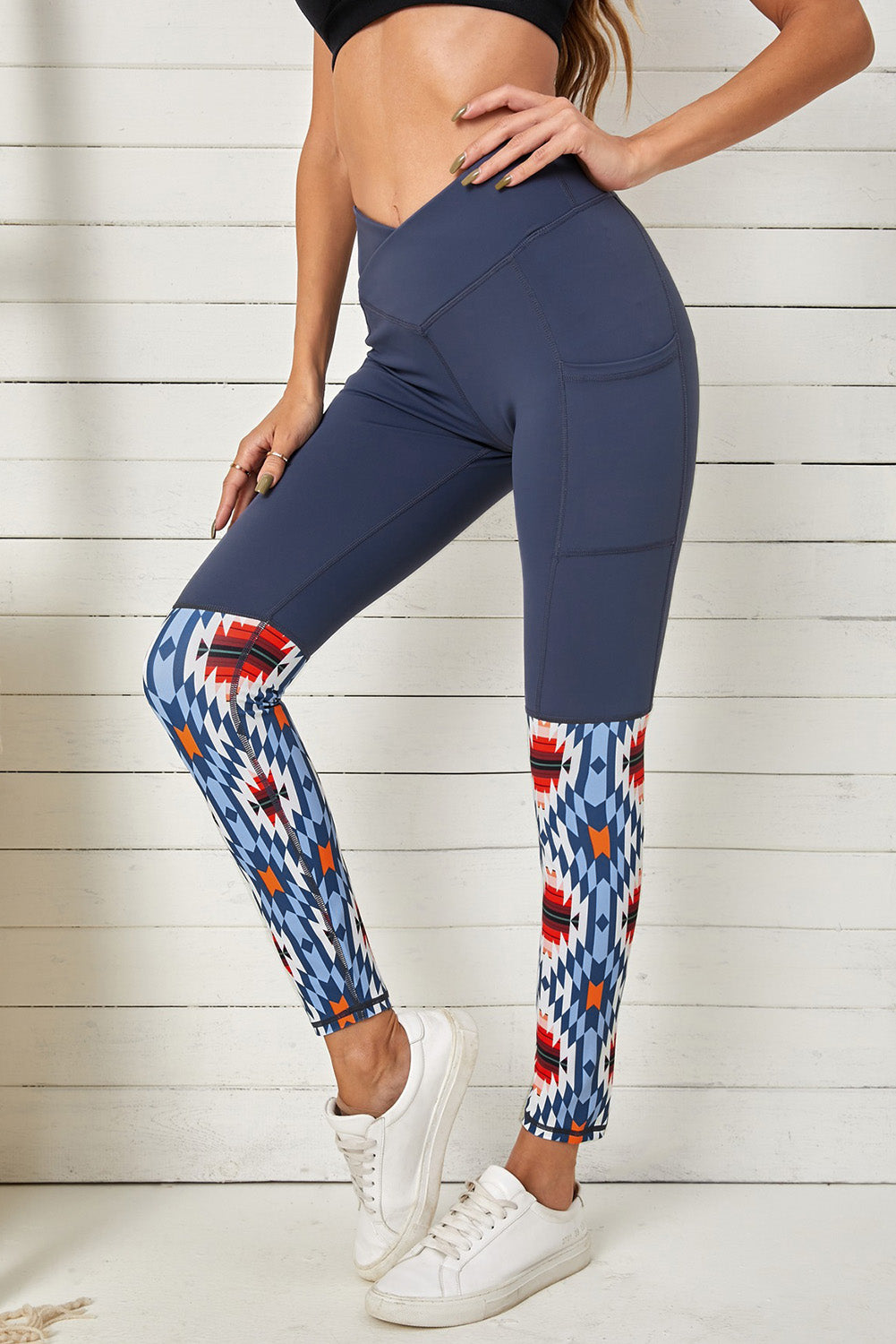 Crossover High Waist Aztec Print Patchwork Yoga Leggings