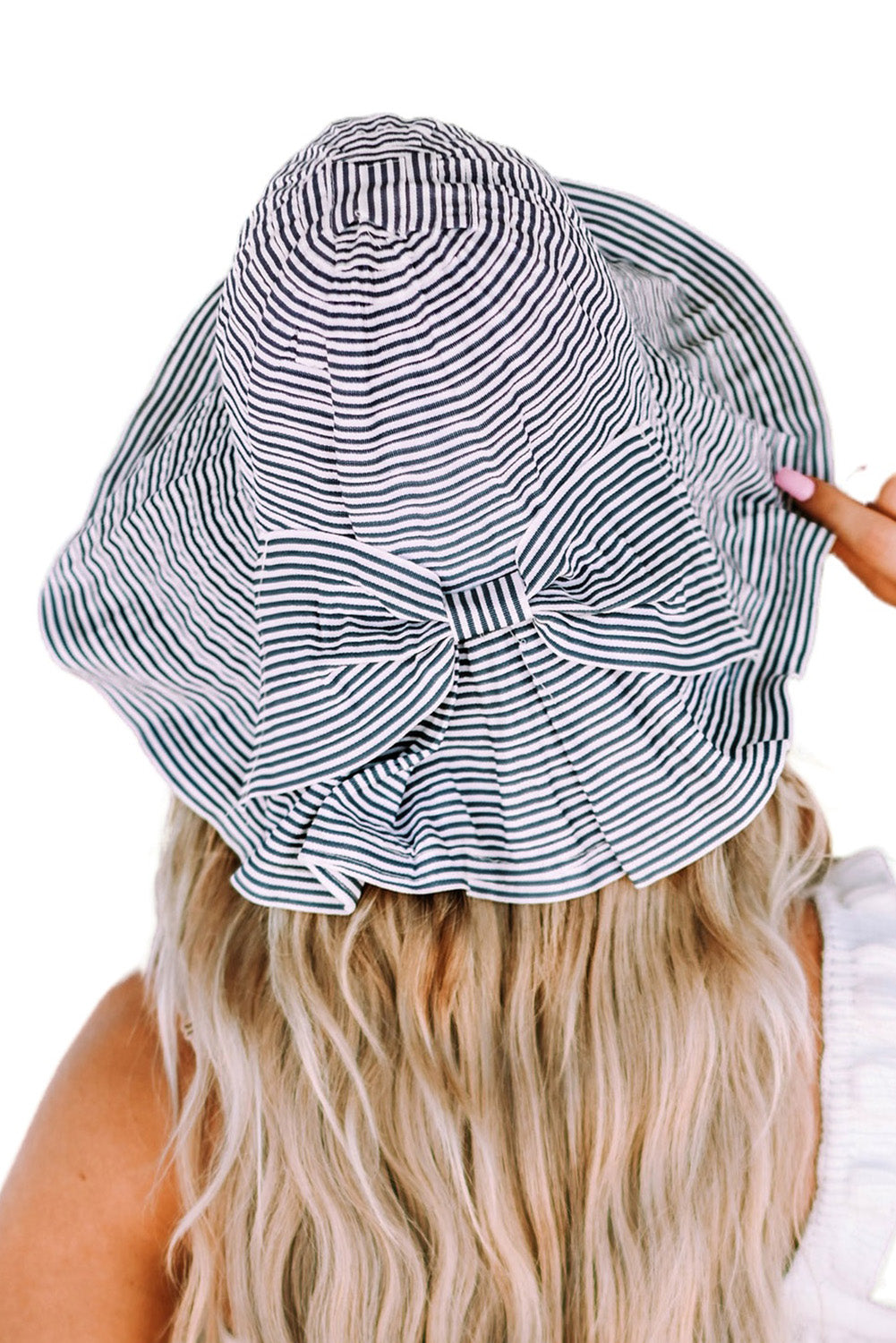 Striped Print Bow Knot Wide Brim Buckle Hat