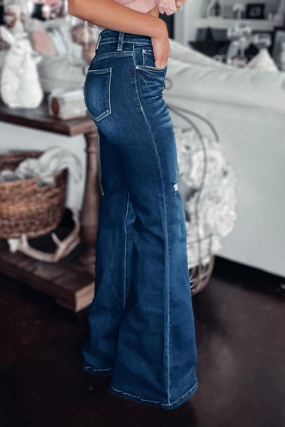 Asymmetric Open Knee Distressed Flare Jeans