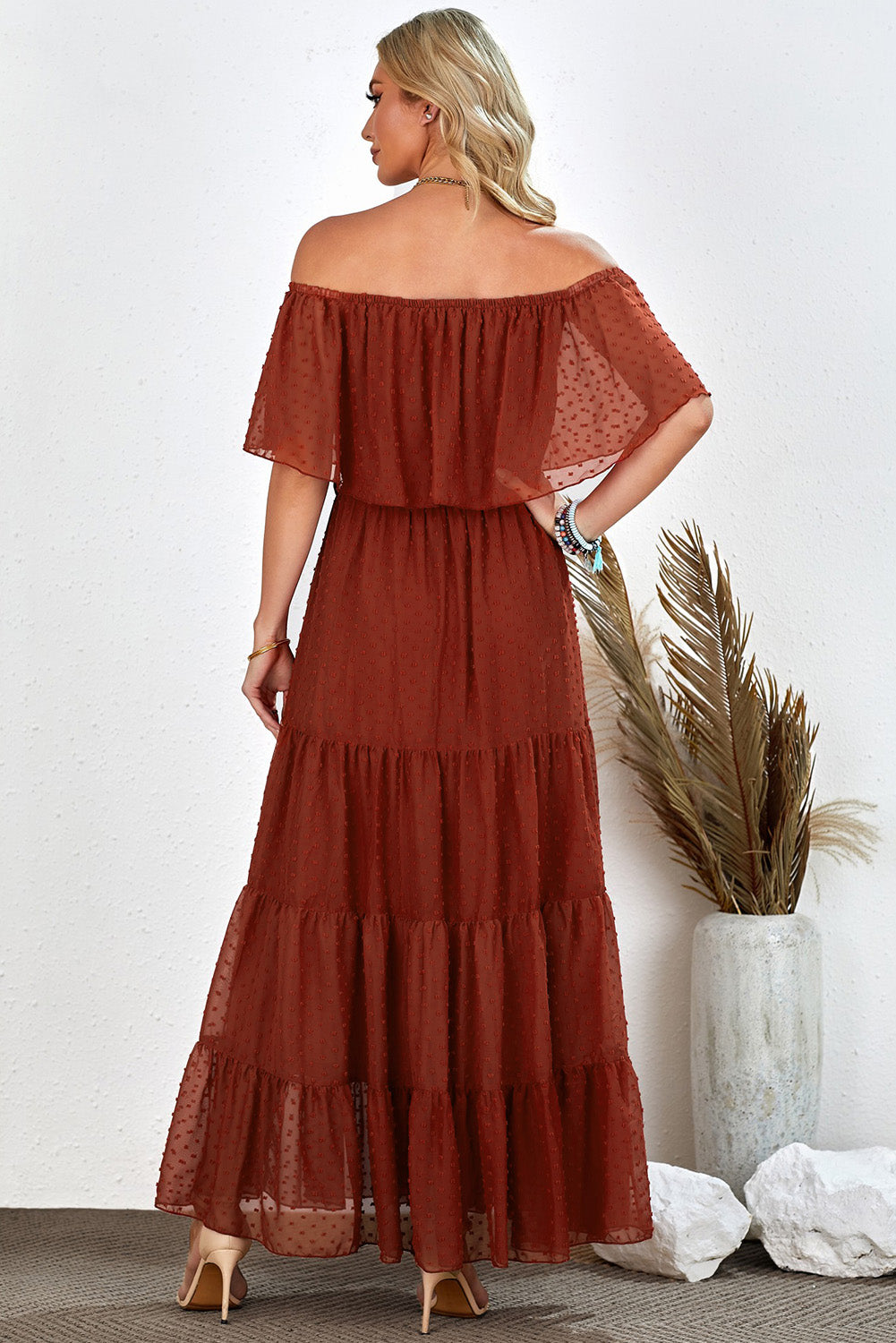 Yellow Yellow Off Shoulder Ruffle Swiss Dot Maxi Dress
