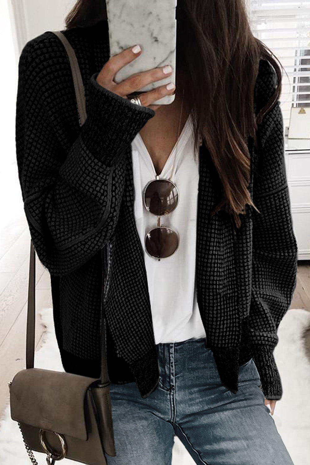 Apricot Plaid Contrast Trim Open Front Cardigan