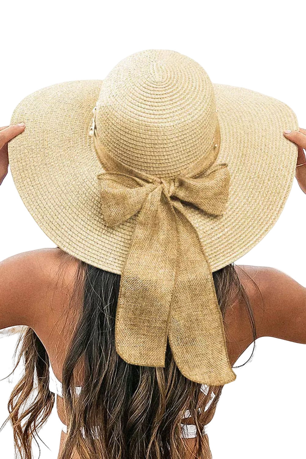 Beige Floral Pearl Bowknot Straw Hat