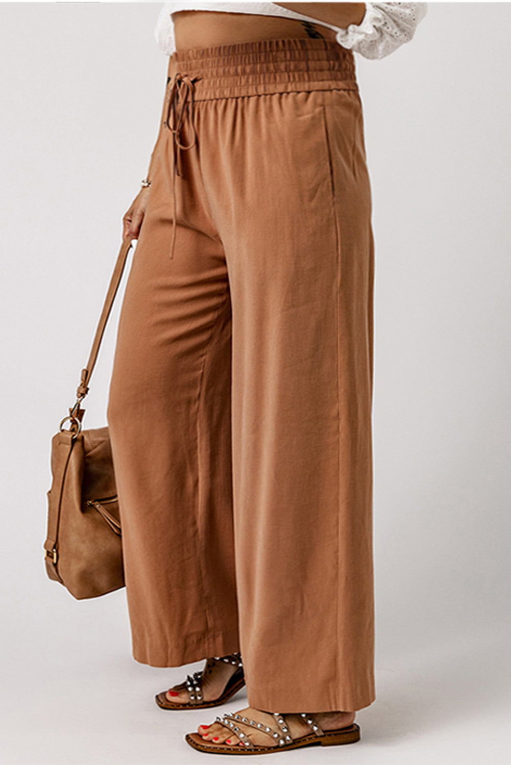 Brown Drawstring Elastic Waist Casual Wide Leg Pants