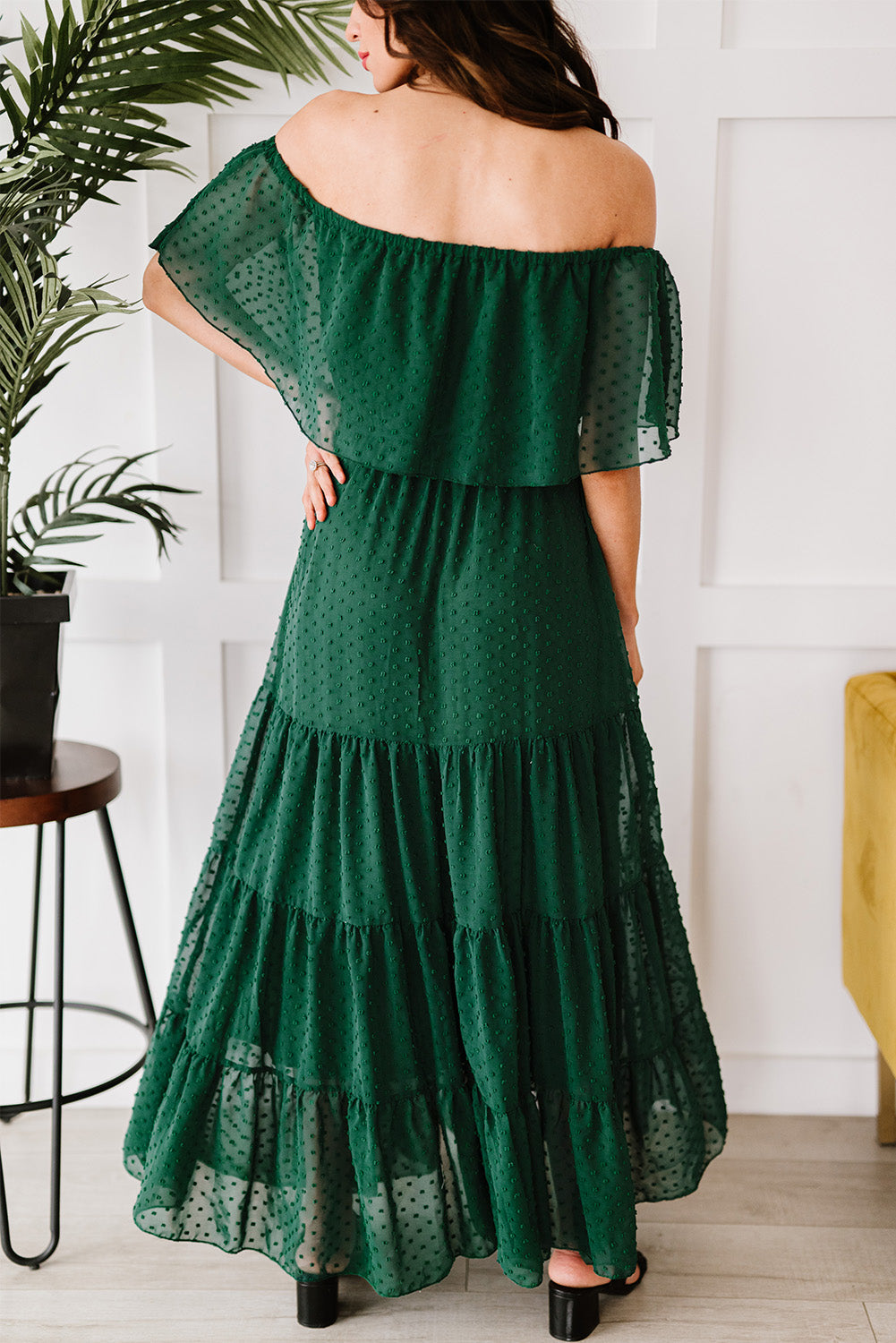 Yellow Yellow Off Shoulder Ruffle Swiss Dot Maxi Dress