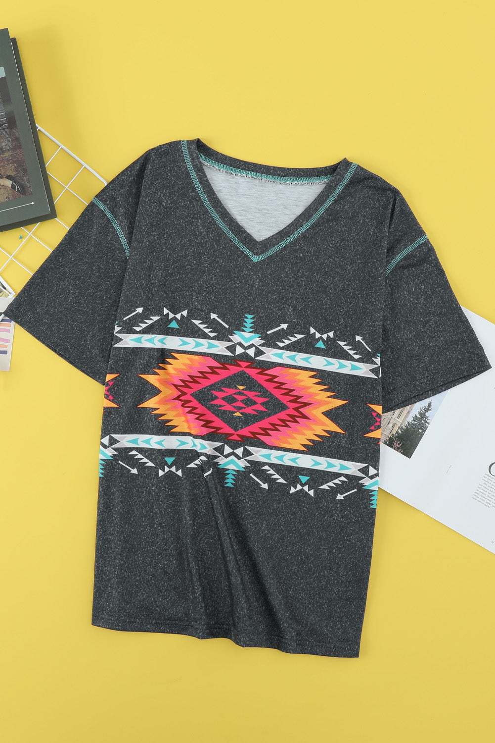 Aztec Geometric Print V Neck Tee
