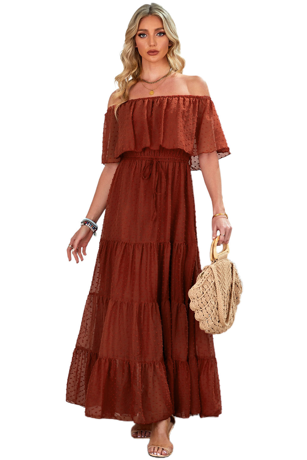 Yellow Yellow Off Shoulder Ruffle Swiss Dot Maxi Dress