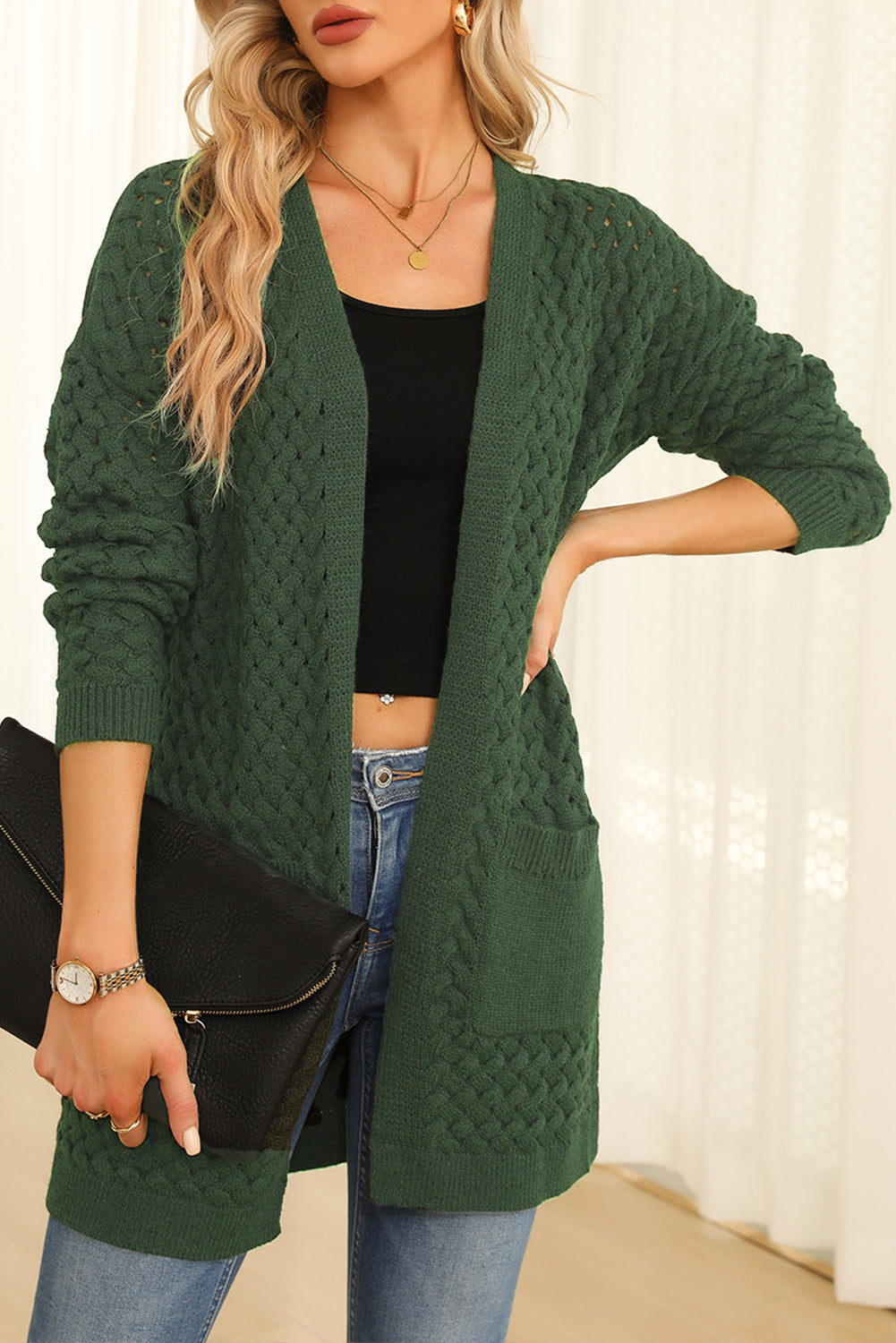 Gray Open Front Woven Texture Knitted Cardigan with Pockets
