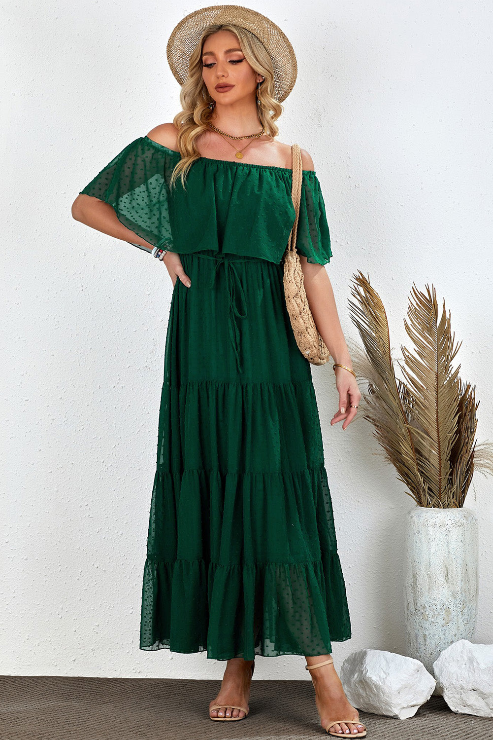 Yellow Yellow Off Shoulder Ruffle Swiss Dot Maxi Dress