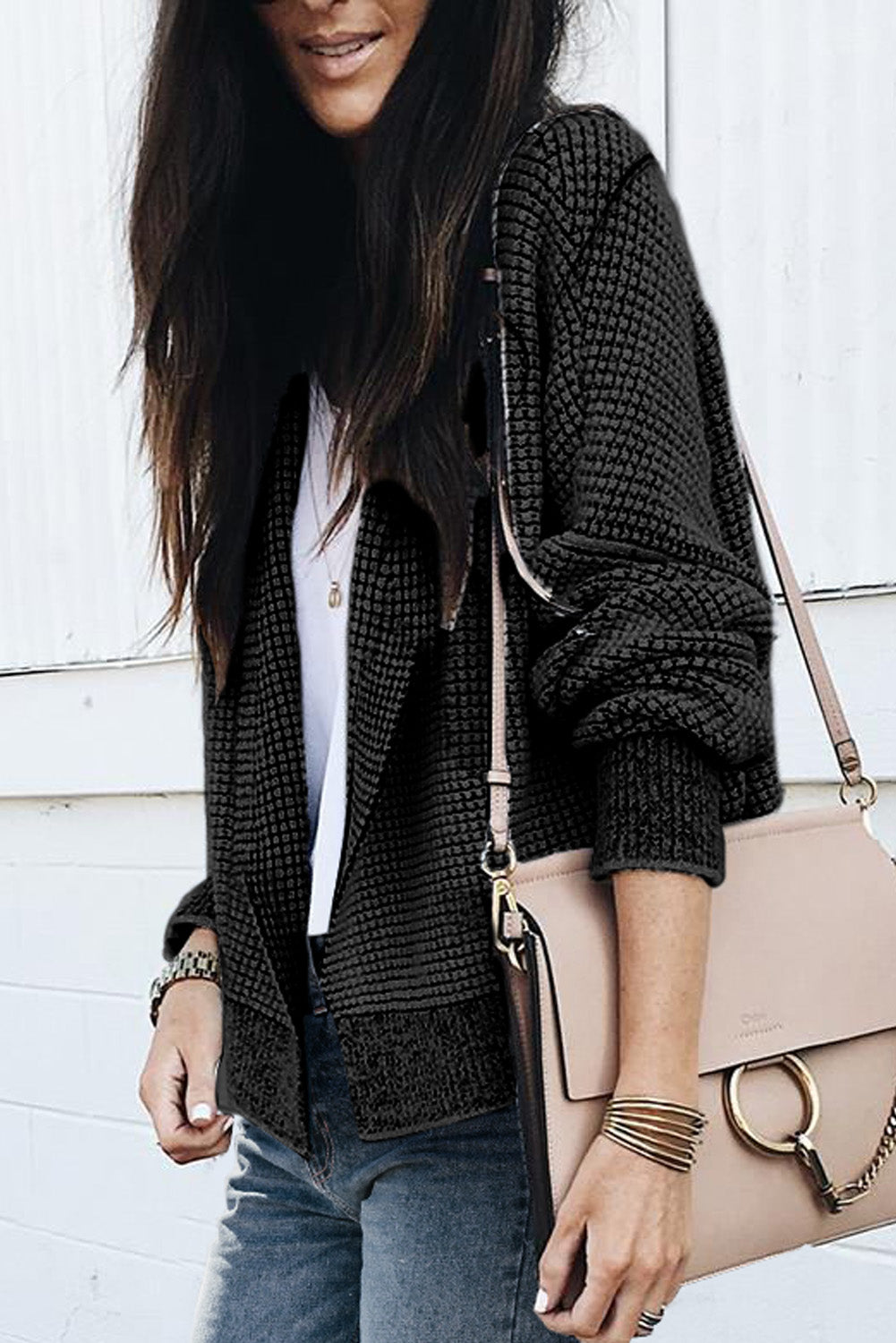 Apricot Plaid Contrast Trim Open Front Cardigan