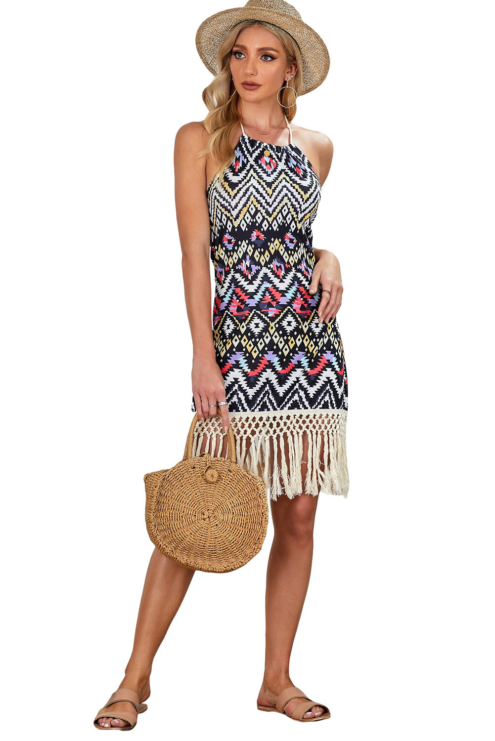 Aztec Geometric Open Back Halter Tassel Edge Mini Dress