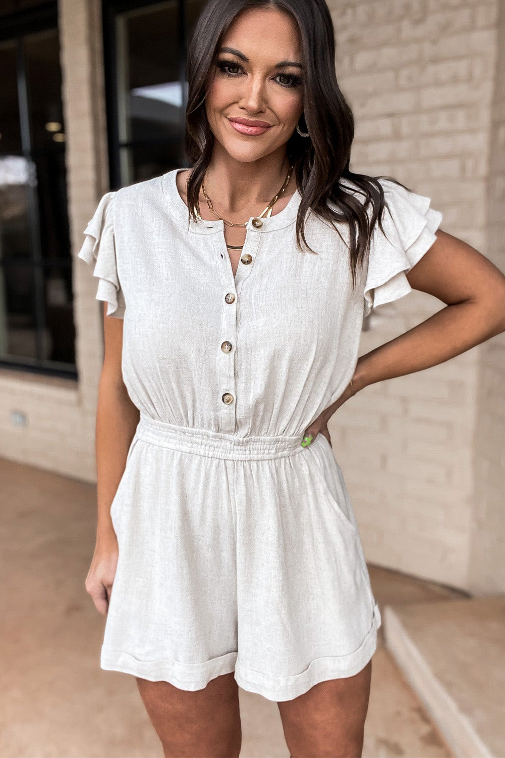 Beige Button Front Ruffle Sleeve Casual Romper
