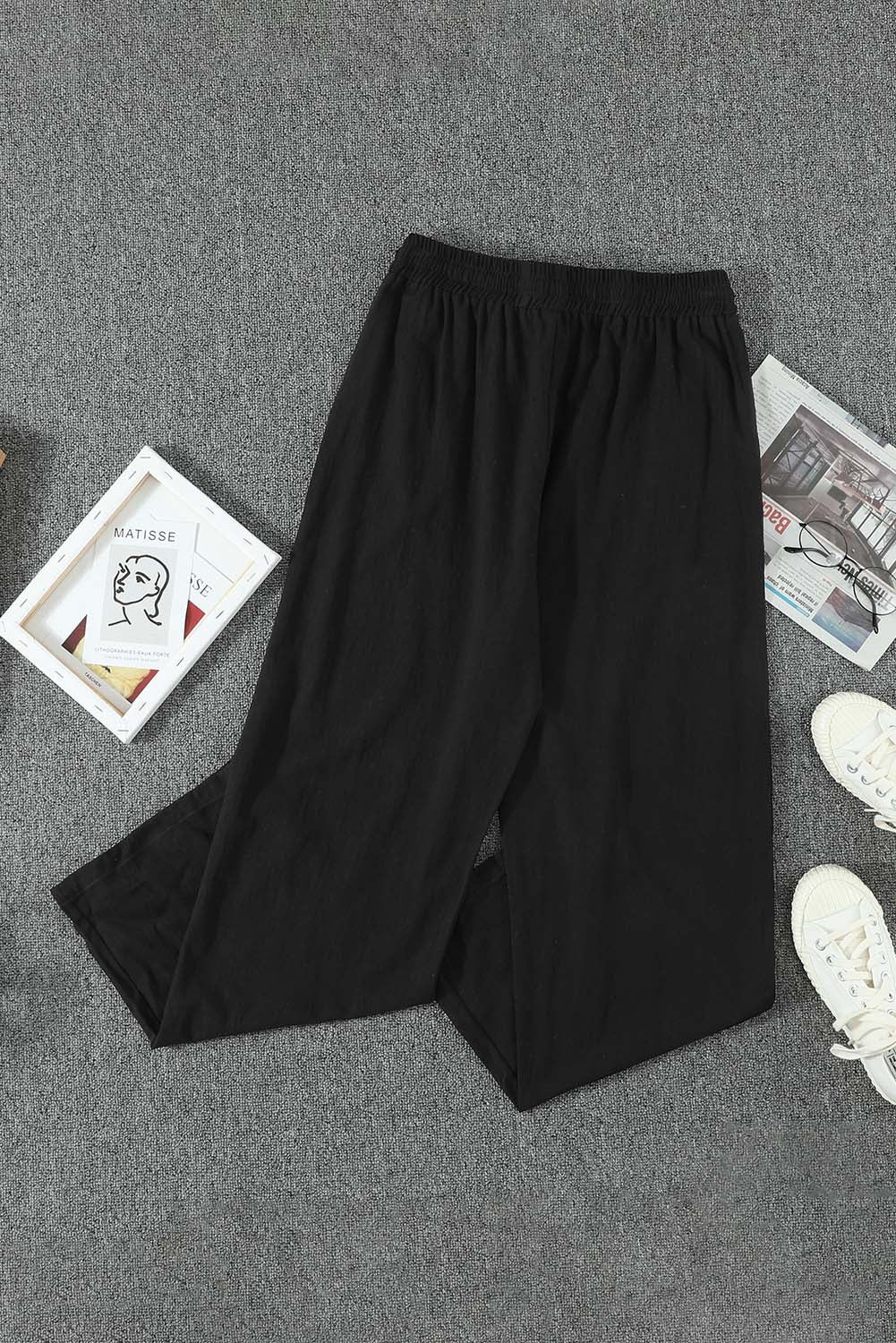 Black Drawstring Elastic Waist Pockets Long Straight Legs Pants