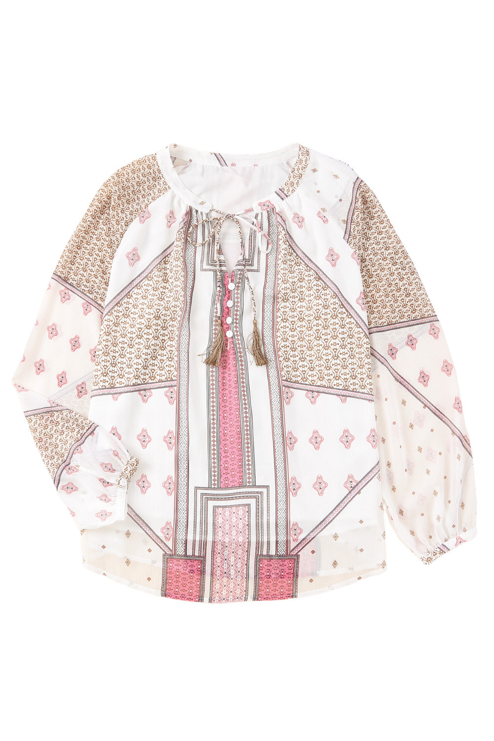 Beige Boho Printed Sheer Puff Sleeve Blouse