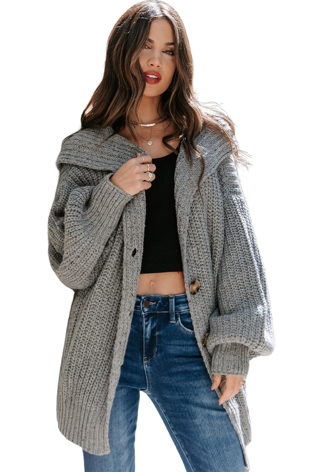 Gray Oversized Turndown Collar Pocketed Cardigan