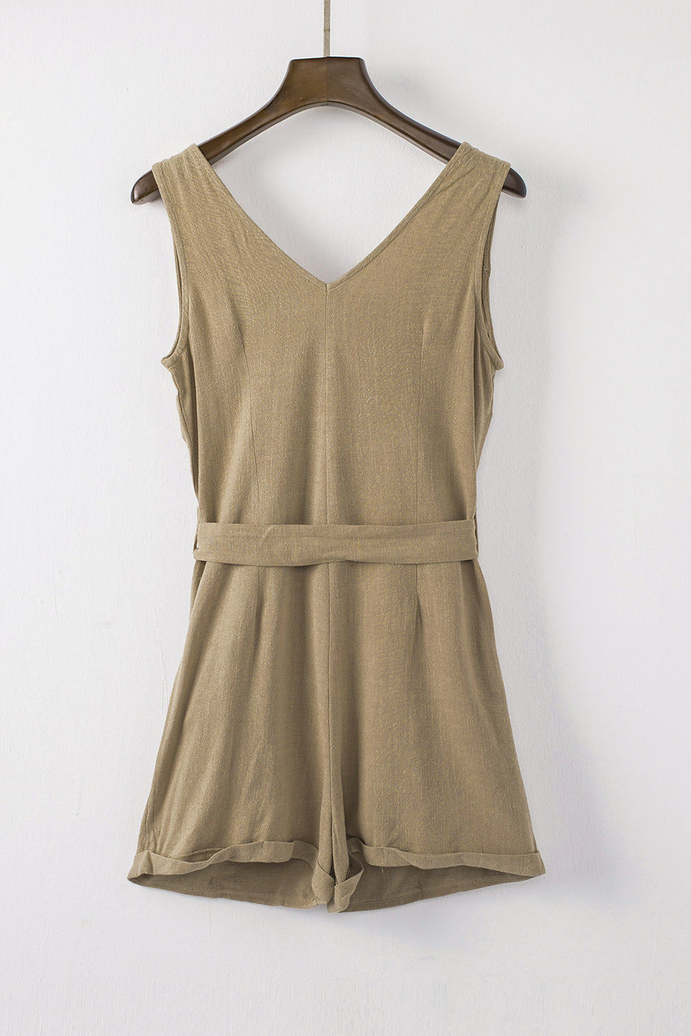 Beige Button V Neck Romper with Belt
