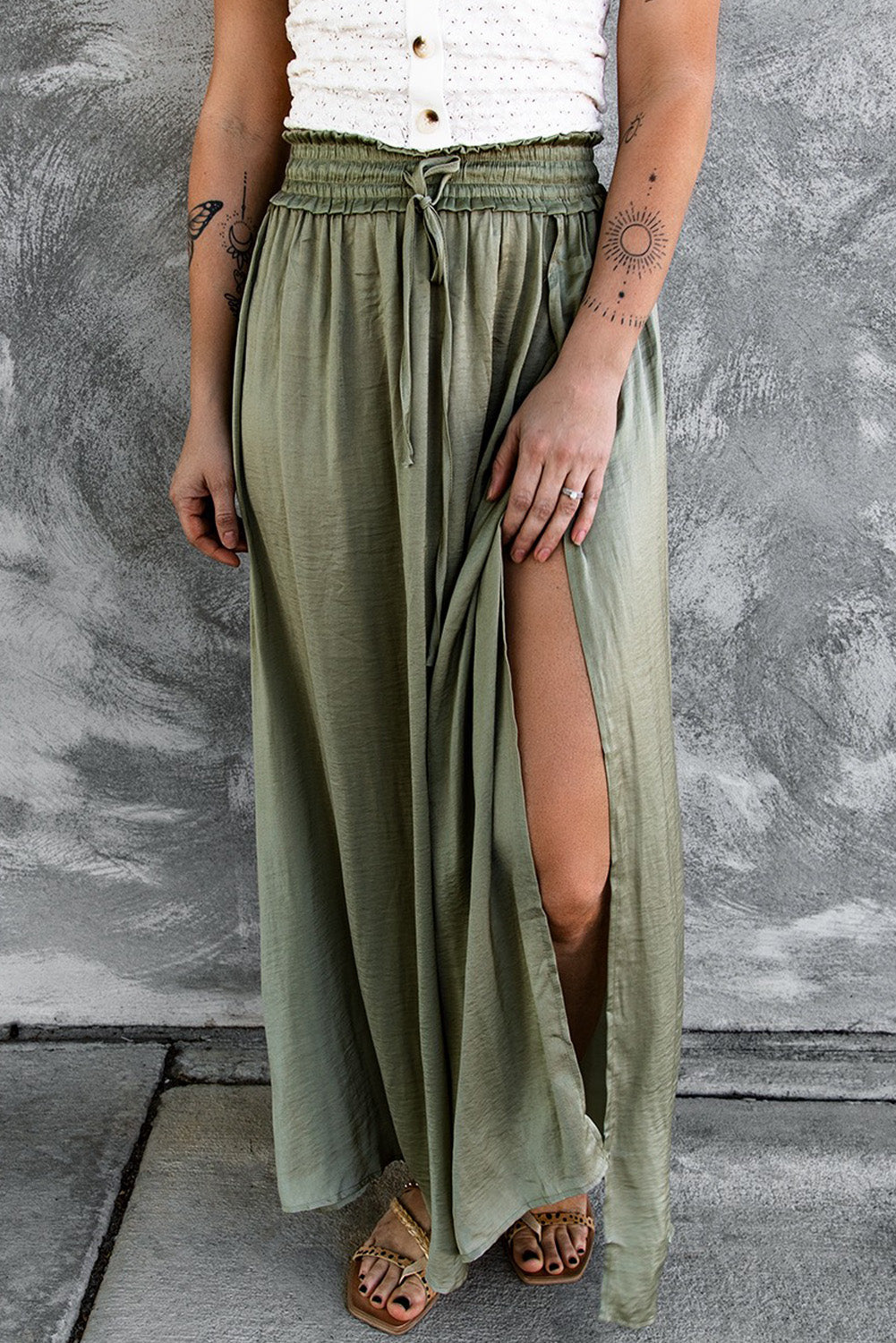Adjustable Drawstring Smocked Waist Maxi Skirt
