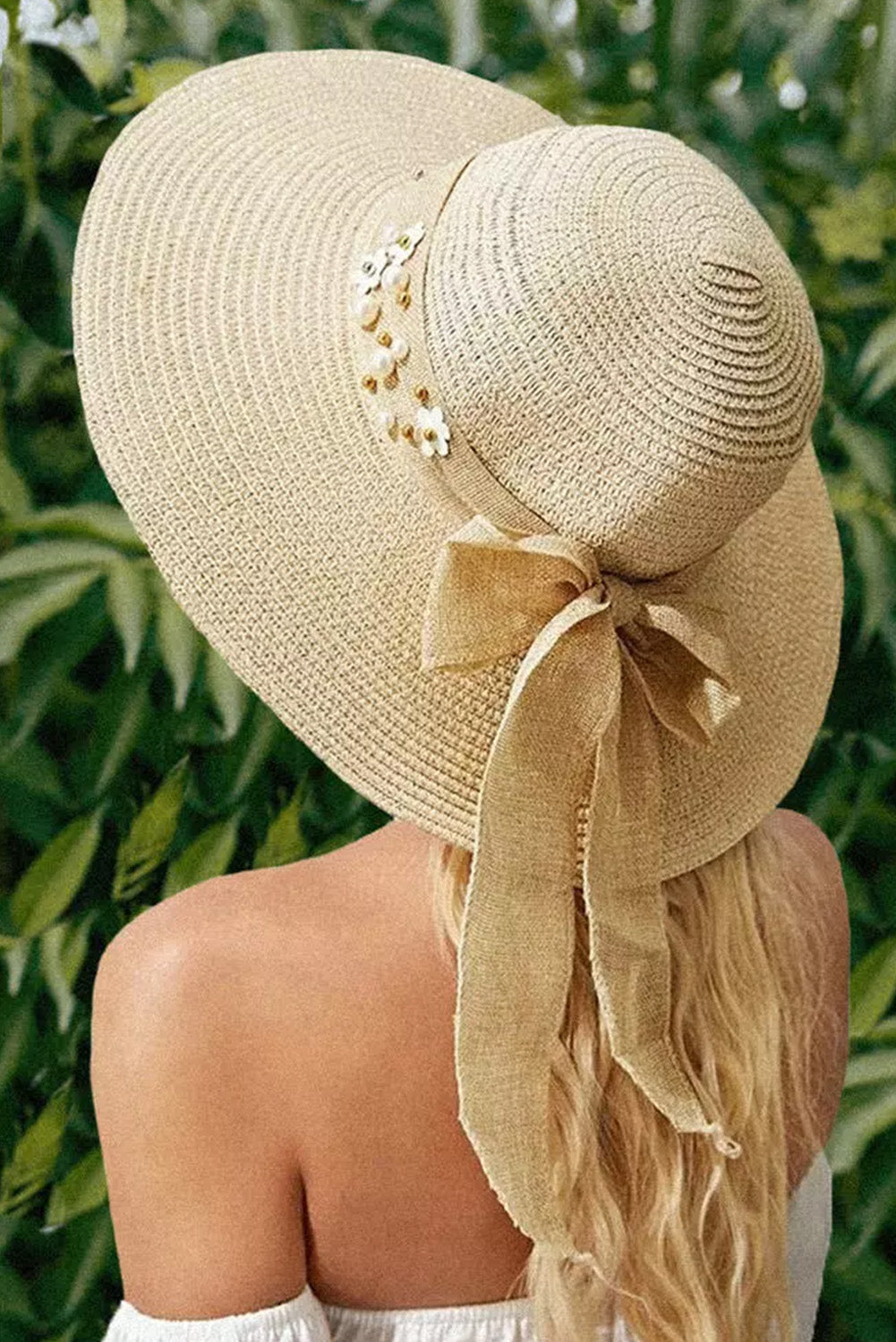 Beige Floral Pearl Bowknot Straw Hat