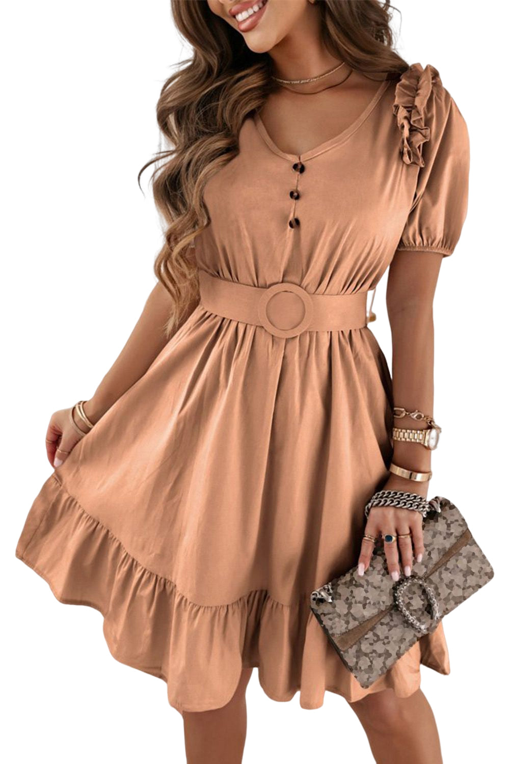 V-Neck Ruffle Buttoned Midi Dress