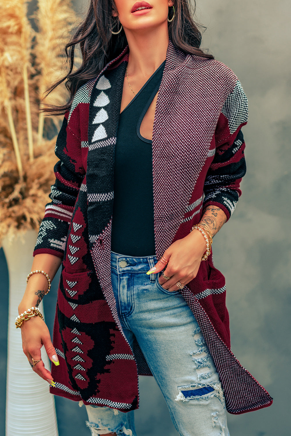 Beige Lapel Collar Geometric Print Knit Cardigan