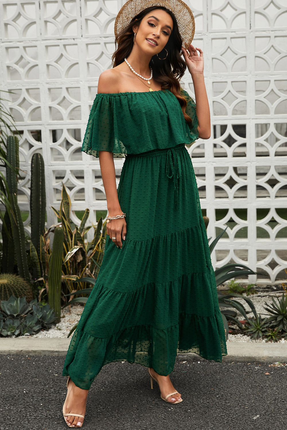 Yellow Yellow Off Shoulder Ruffle Swiss Dot Maxi Dress