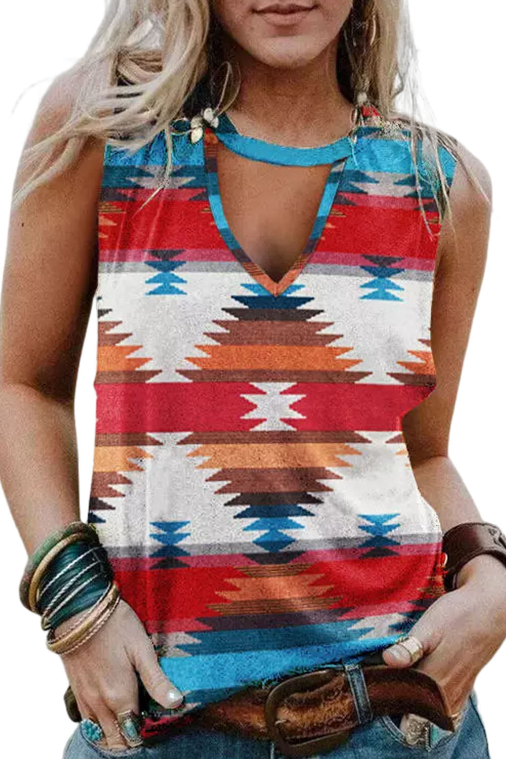 Aztec Geometric Print Hollowed Neckline Tank Top