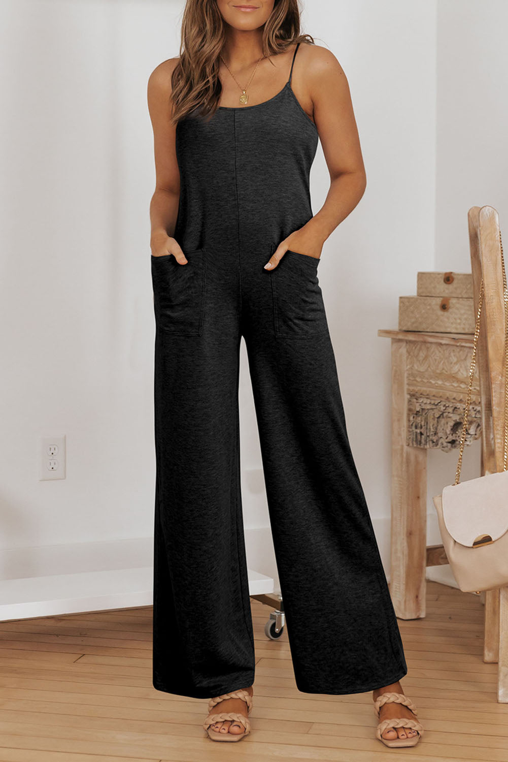 Loose Fit Side Pockets Spaghetti Strap Wide Leg Jumpsuit
