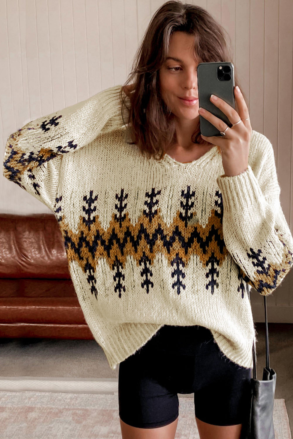 Beige Slouchy Fit Christmas Tree Print V Neck Knit Sweater