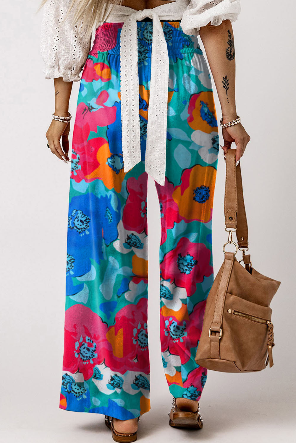 Brown Drawstring Elastic Waist Casual Wide Leg Pants