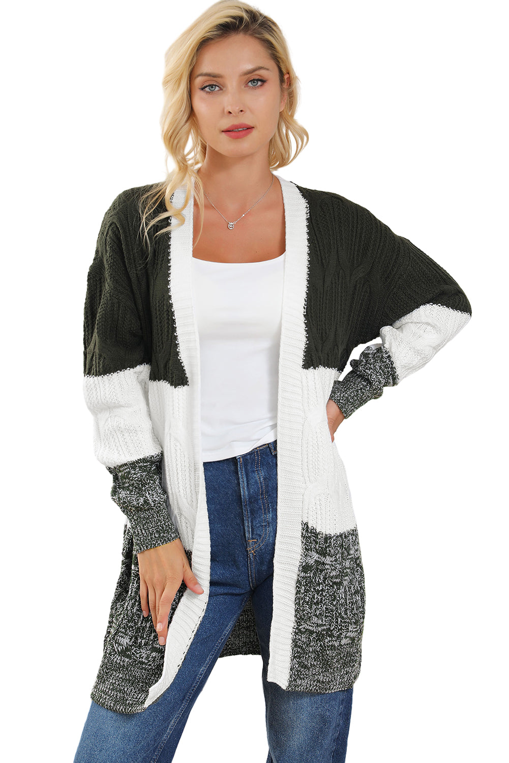 Multicolour Colorblock Textured Cable Knit Open Front Cardigan