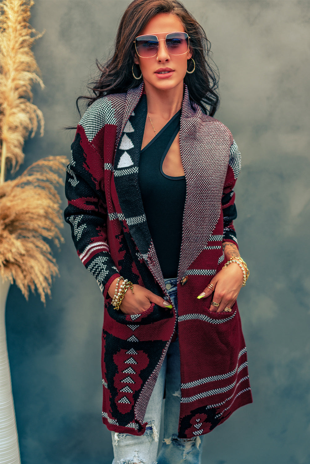 Beige Lapel Collar Geometric Print Knit Cardigan