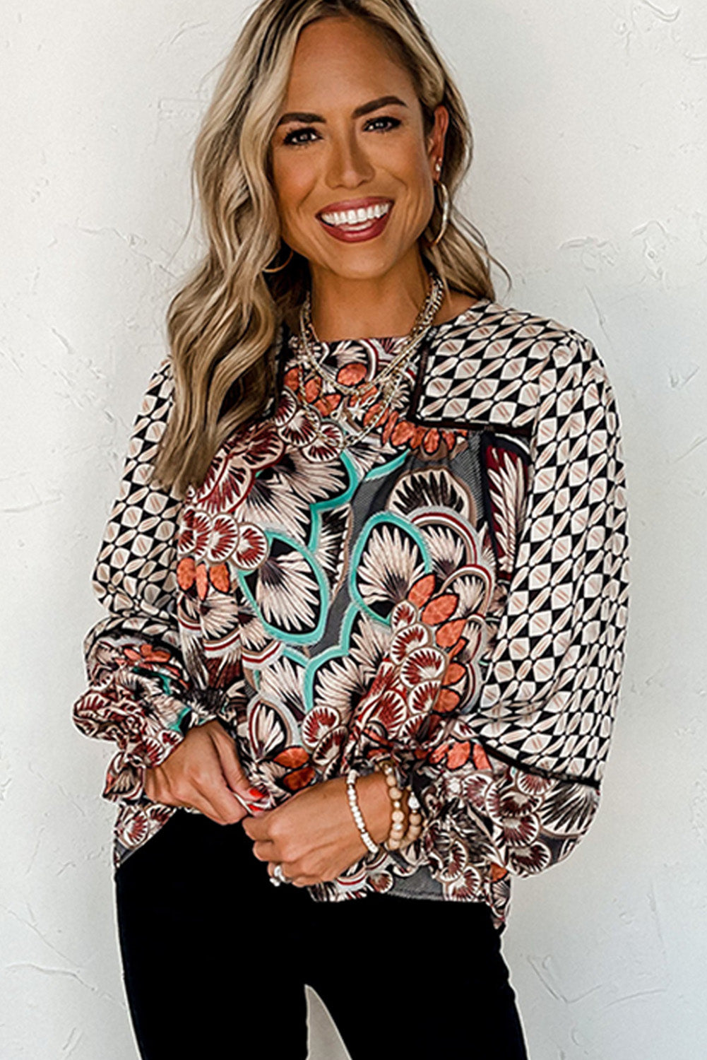 Black Black Mixed Floral Geometric Print Ruffled Long Sleeve Blouse