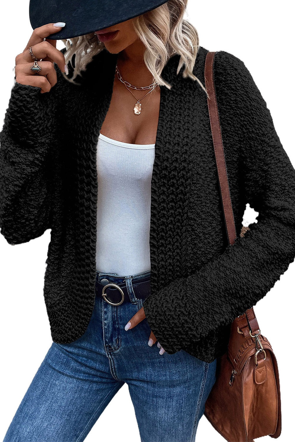 Fiery Red Popcorn Knit Open Front Cardigan