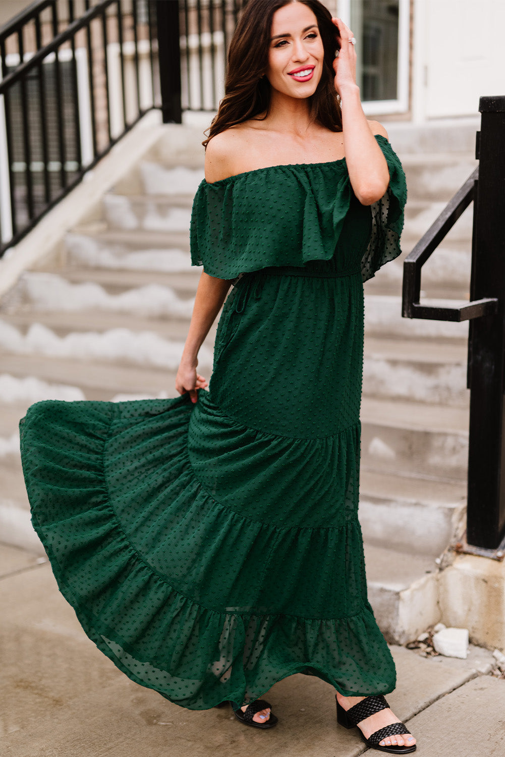 Yellow Yellow Off Shoulder Ruffle Swiss Dot Maxi Dress
