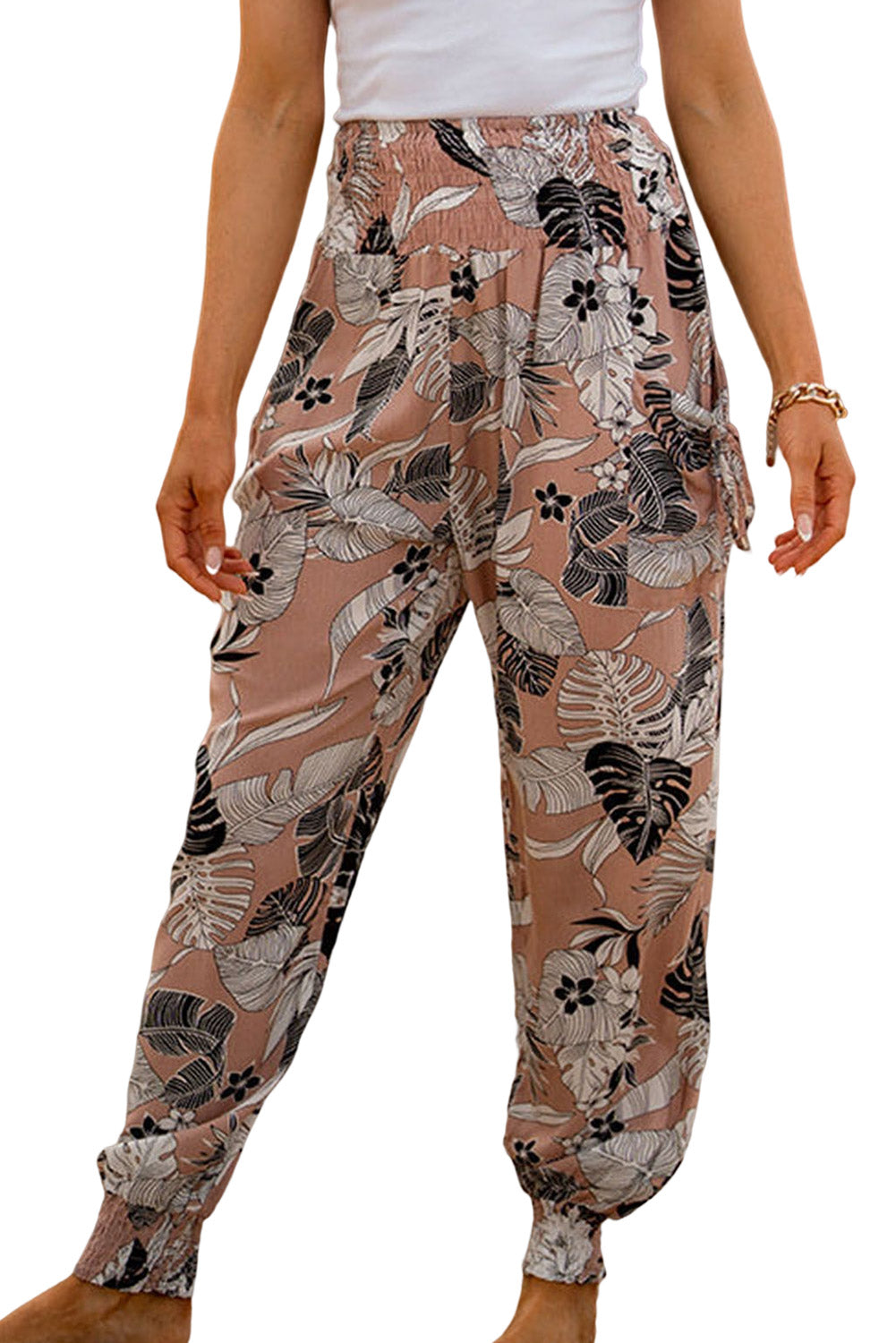 Multicolor Boho Smocked Waist Floral Print Jogger Casual Pants