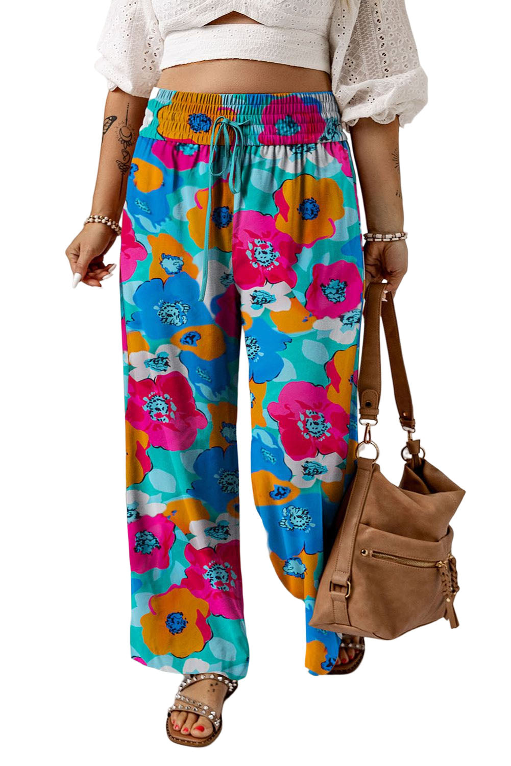 Brown Drawstring Elastic Waist Casual Wide Leg Pants