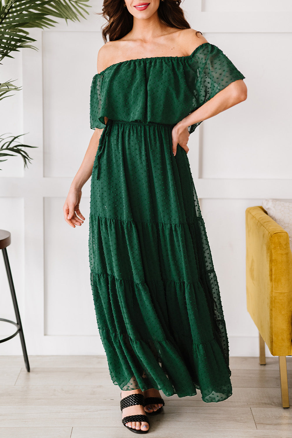Yellow Yellow Off Shoulder Ruffle Swiss Dot Maxi Dress