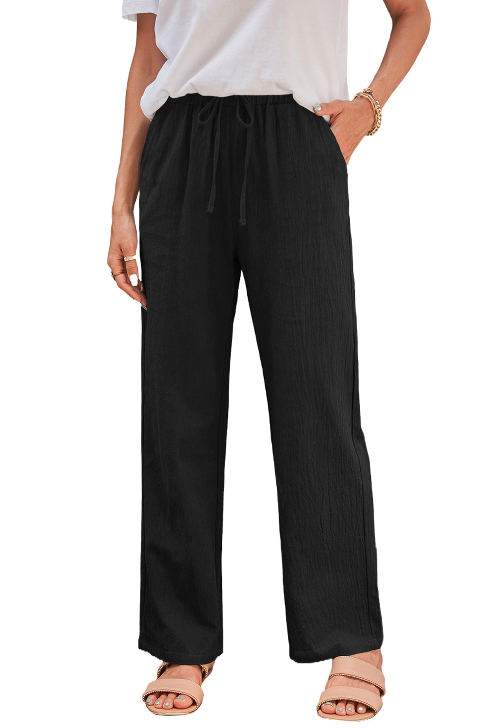 Black Drawstring Elastic Waist Pockets Long Straight Legs Pants