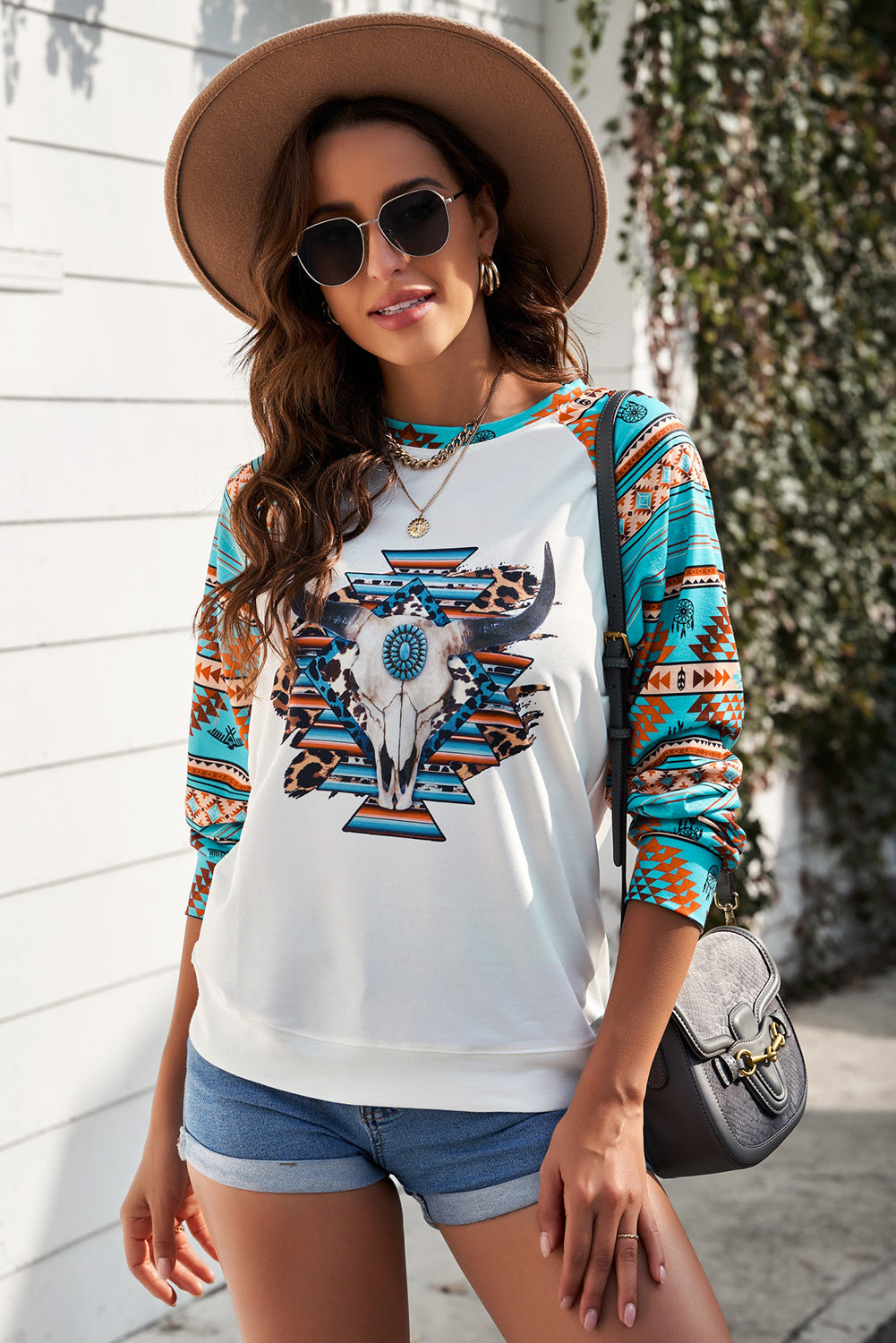 Aztec Sleeves Steer Head Graphic Women Sweatshirt