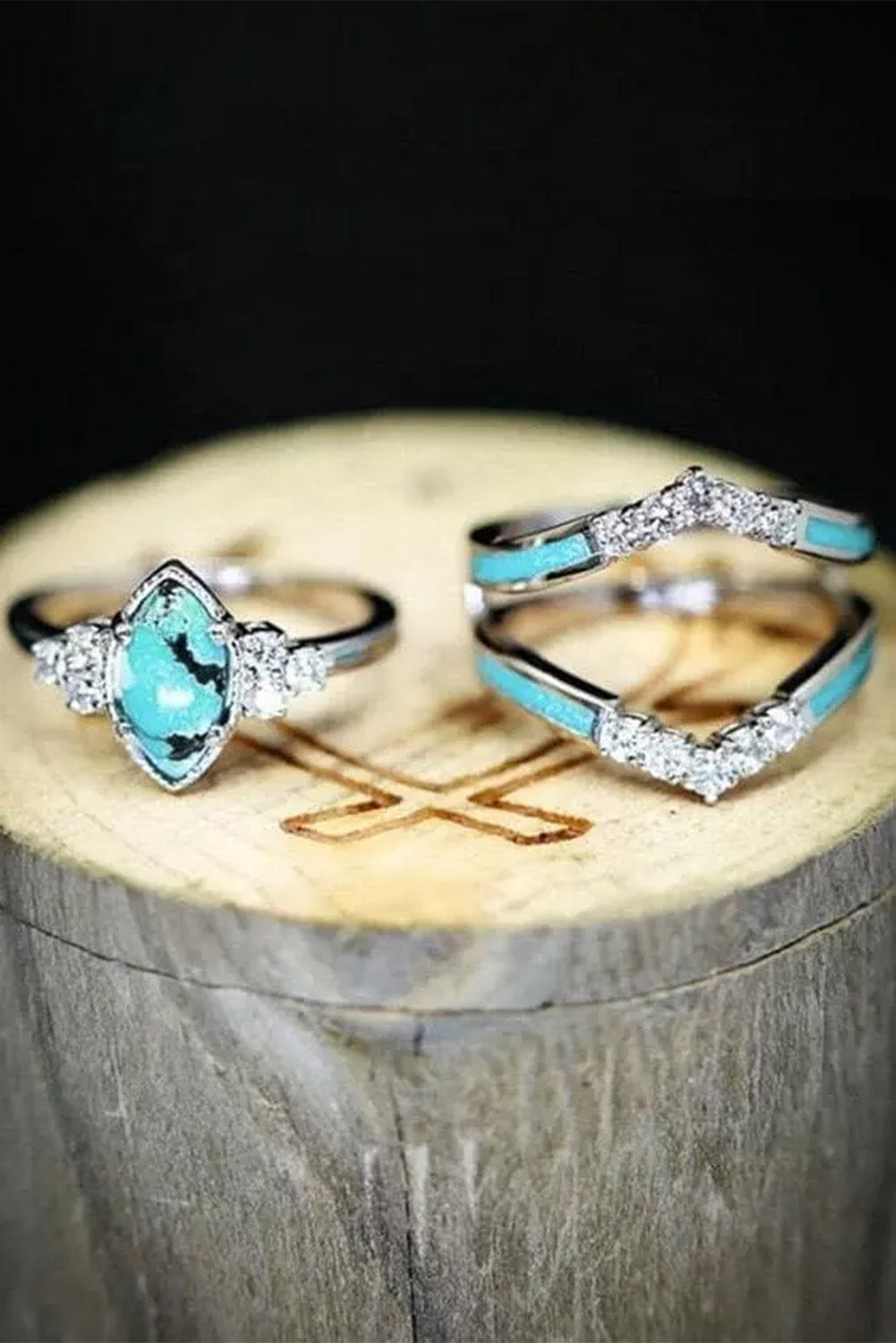3Pcs Turquoise Rhinestone Ring Set