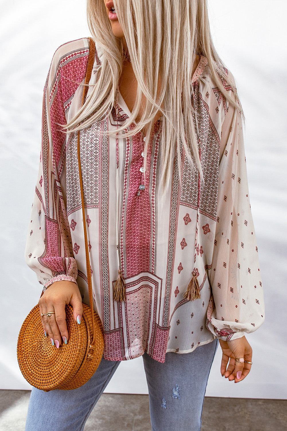 Beige Boho Printed Sheer Puff Sleeve Blouse