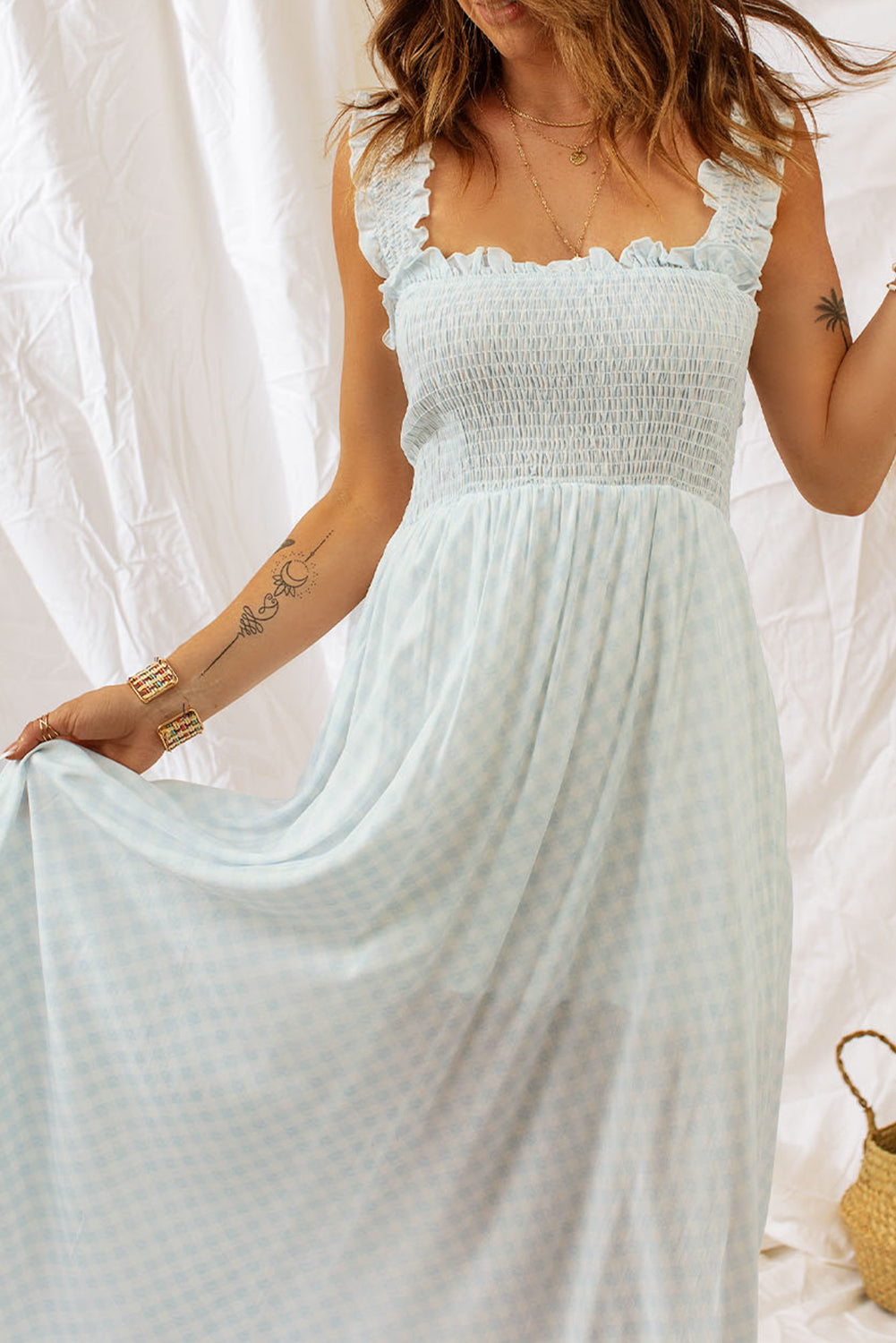 Beige Ruffled Straps Smocked Bodice Maxi Dress