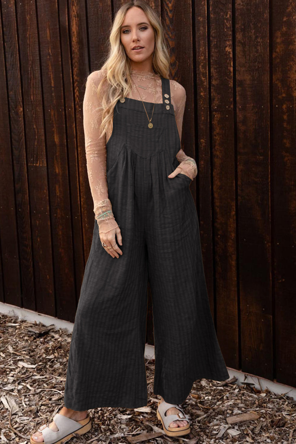 Chicory Coffee Striped Pleated Wide Leg Pocketed Jumpsuit