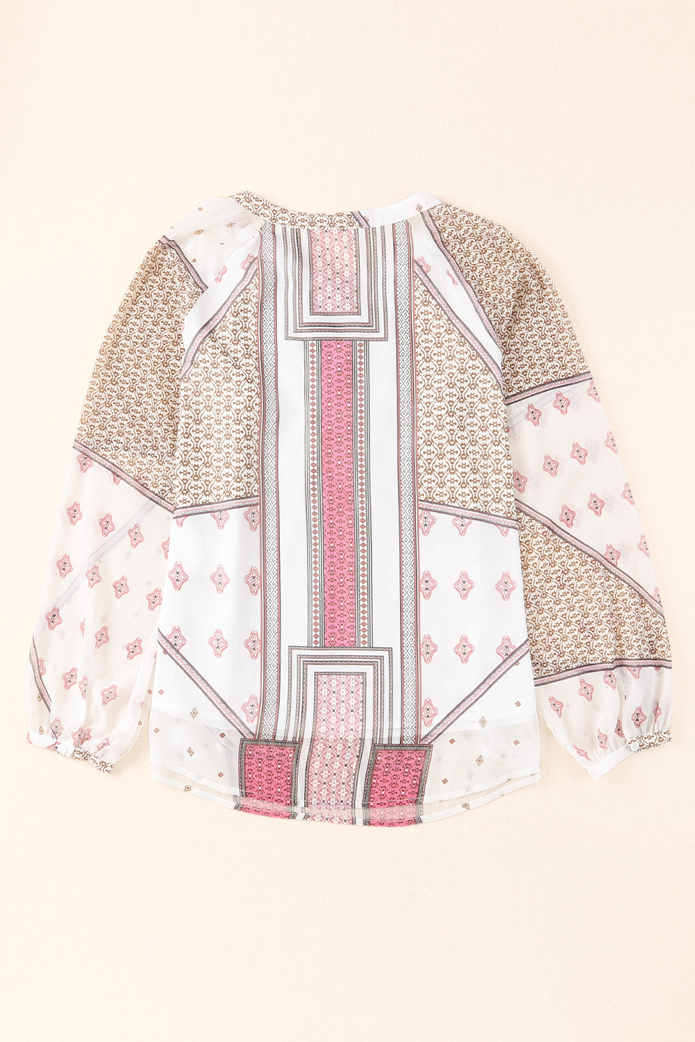 Beige Boho Printed Sheer Puff Sleeve Blouse