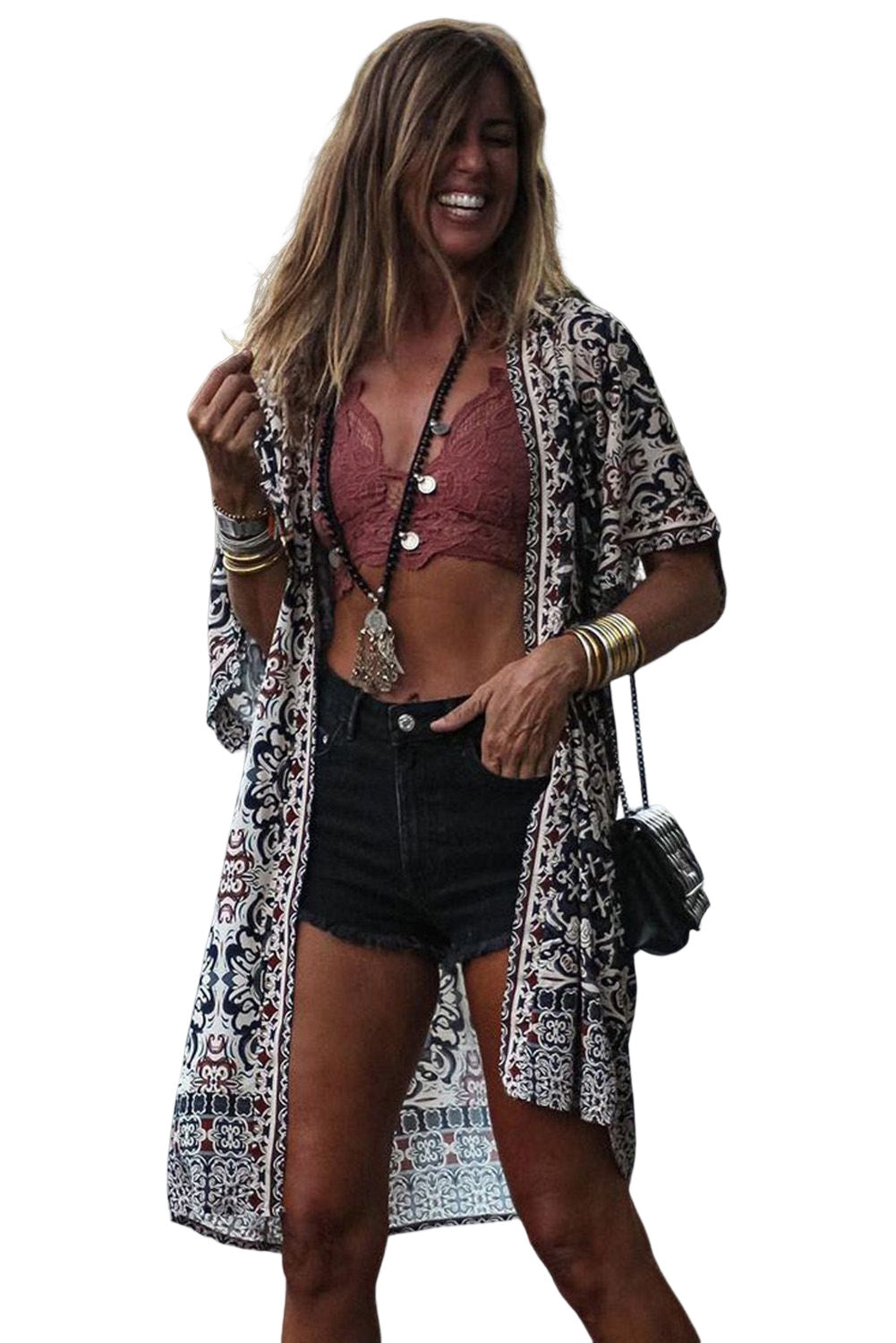 Vintage Floral Print Ethnic Open Front Kimono