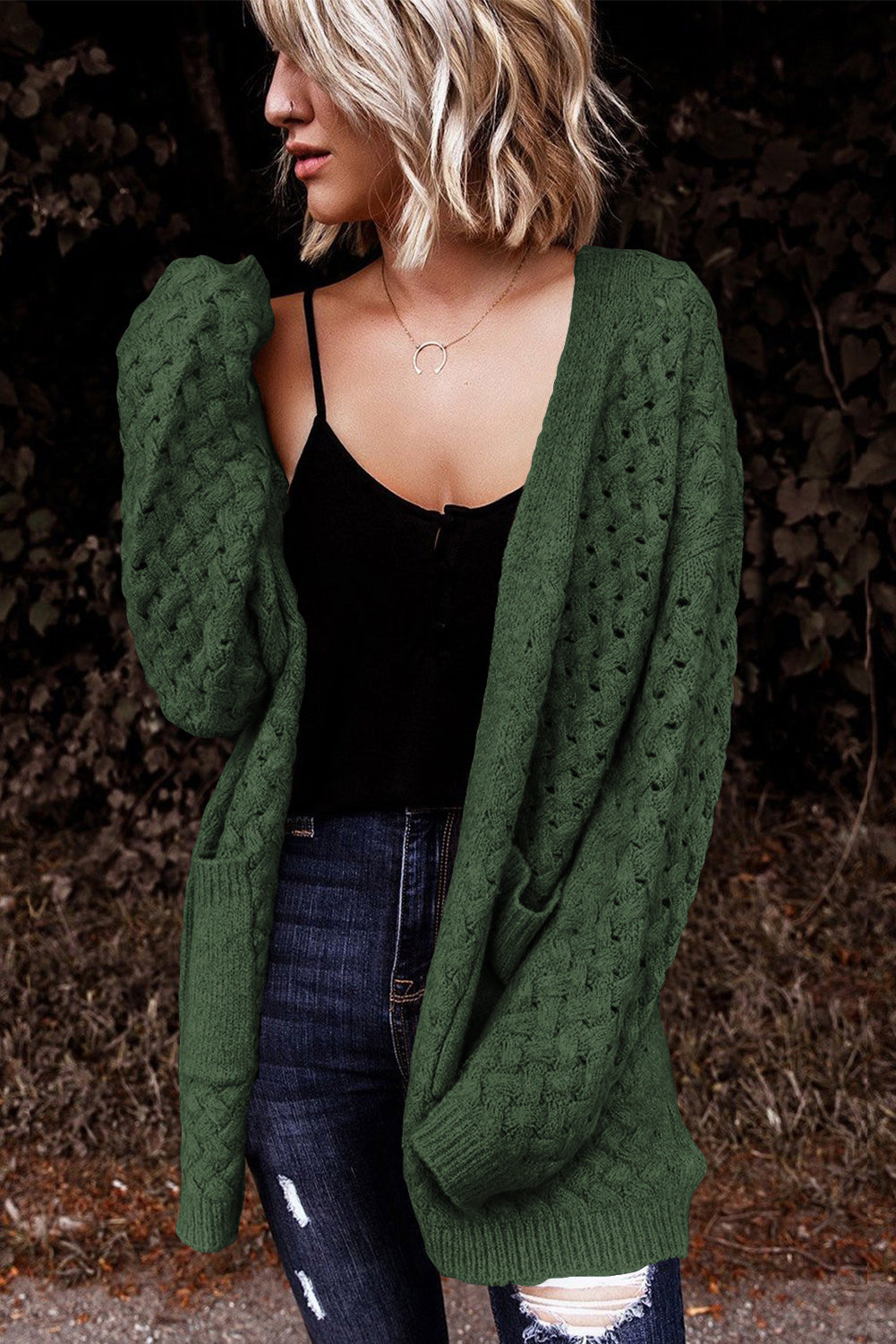 Gray Open Front Woven Texture Knitted Cardigan with Pockets