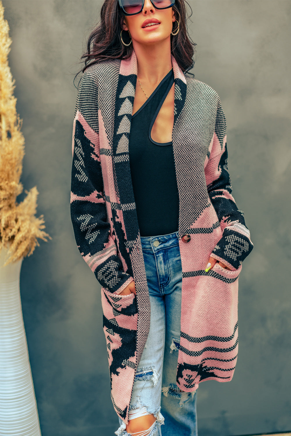 Beige Lapel Collar Geometric Print Knit Cardigan