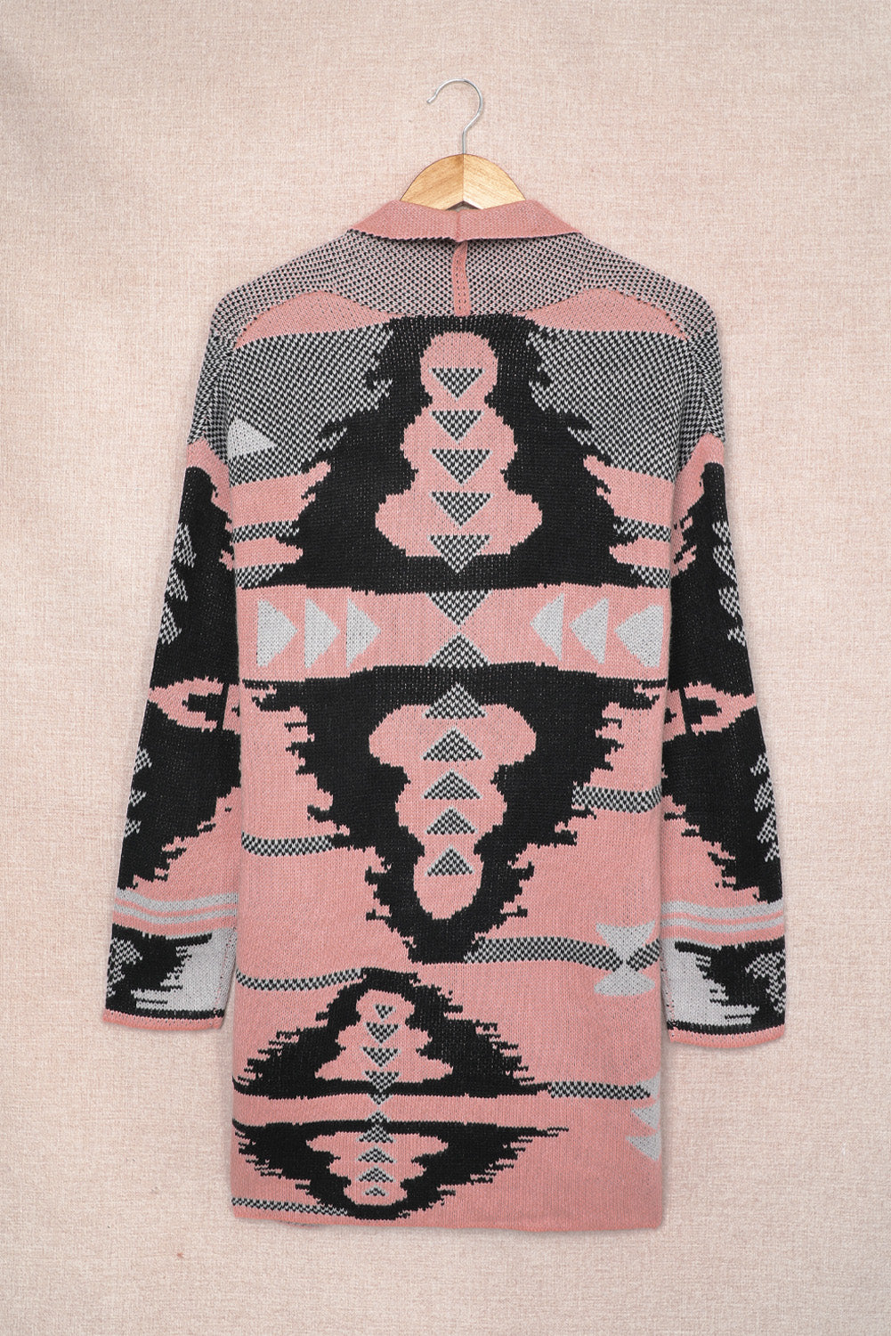Beige Lapel Collar Geometric Print Knit Cardigan